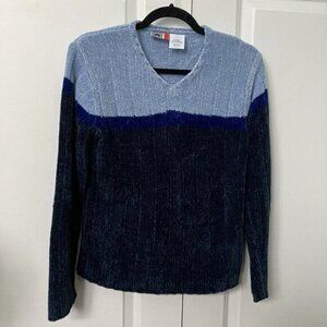 Y2K Arizona Jeans Co Sweater Womens Chenille Knit Colourblock Blue 2000s V-neck